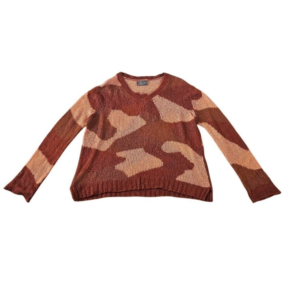 Wooden Ships Sweater Women Small Medium Rust Orange Camo Mohair Wool V-Neck